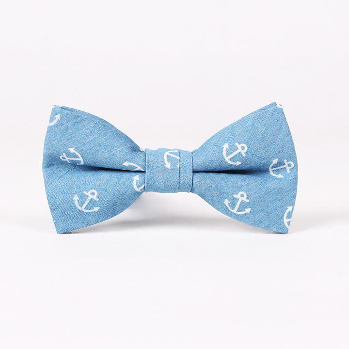 Men's British Style Blue Fish Bone Skull Print Cotton Bow Tie