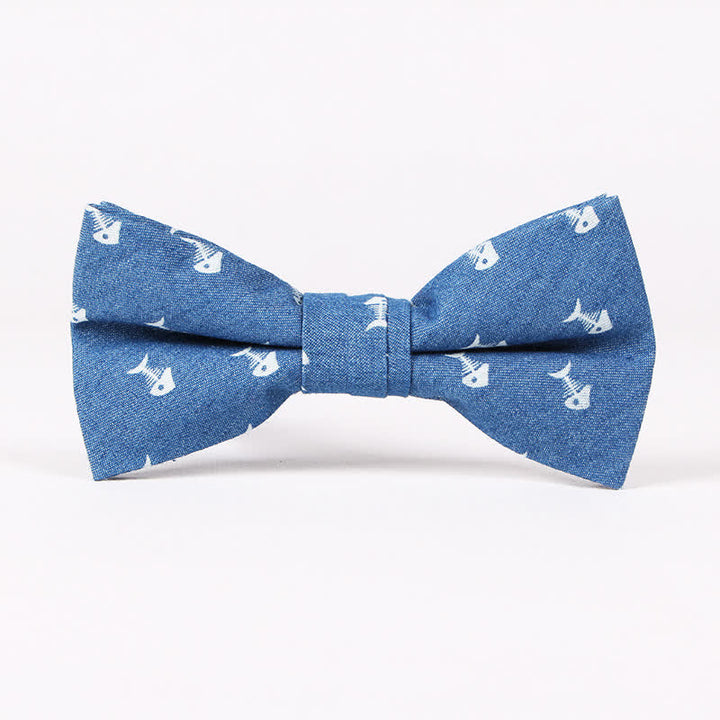 Men's British Style Blue Fish Bone Skull Print Cotton Bow Tie