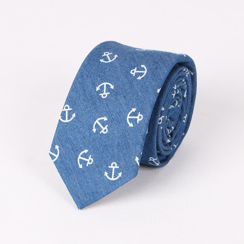 Men's British Style Blue Fish Bone Skull Print Cotton Necktie