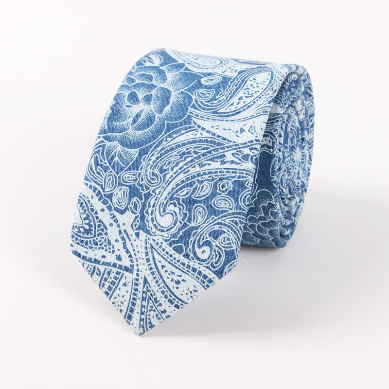 Men's British Style Blue Fish Bone Skull Print Cotton Necktie - Light Blue Paisley - image 5