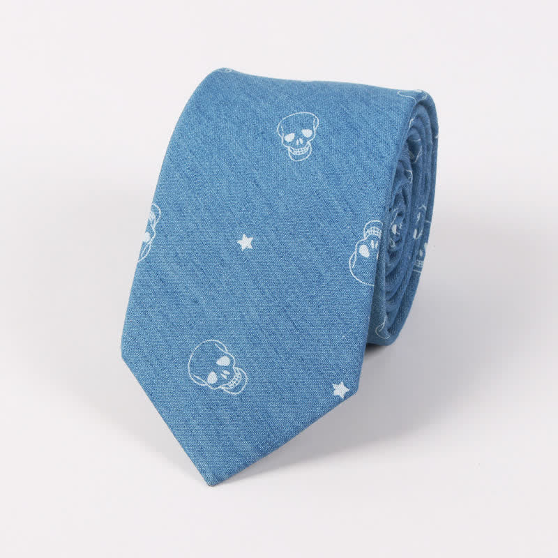 Men's British Style Blue Fish Bone Skull Print Cotton Necktie