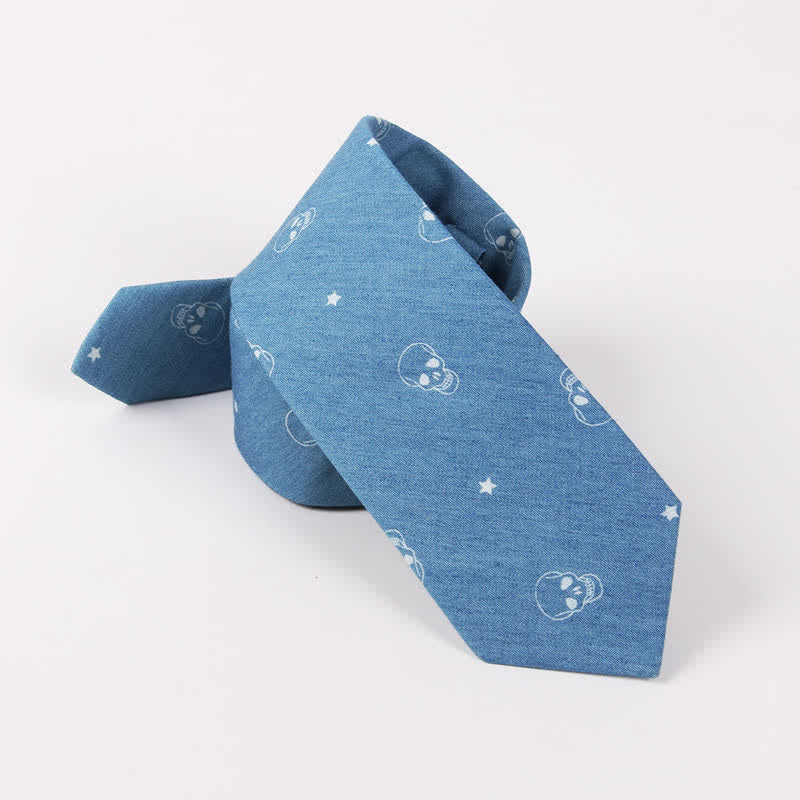 Men's British Style Blue Fish Bone Skull Print Cotton Necktie - image 4