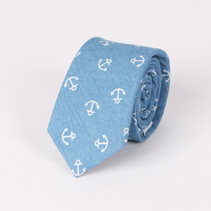 Men's British Style Blue Fish Bone Skull Print Cotton Necktie - Light Blue Anchor - image 7