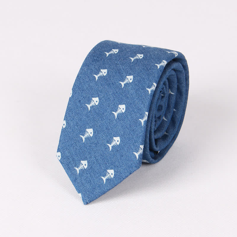 Men's British Style Blue Fish Bone Skull Print Cotton Necktie - Blue Fish Bone - image 10