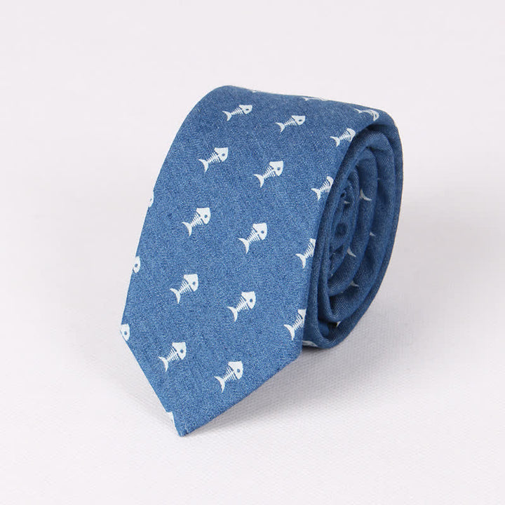 Men's British Style Blue Fish Bone Skull Print Cotton Necktie - Blue Fish Bone - image 10