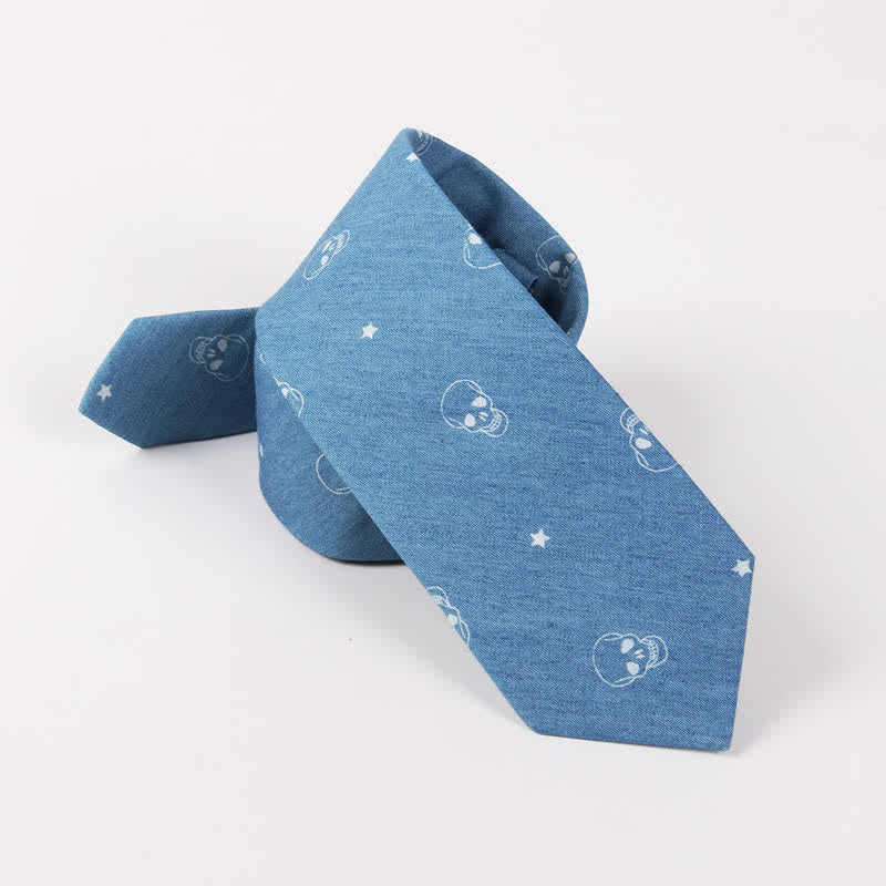 Men's British Style Blue Fish Bone Skull Print Cotton Necktie