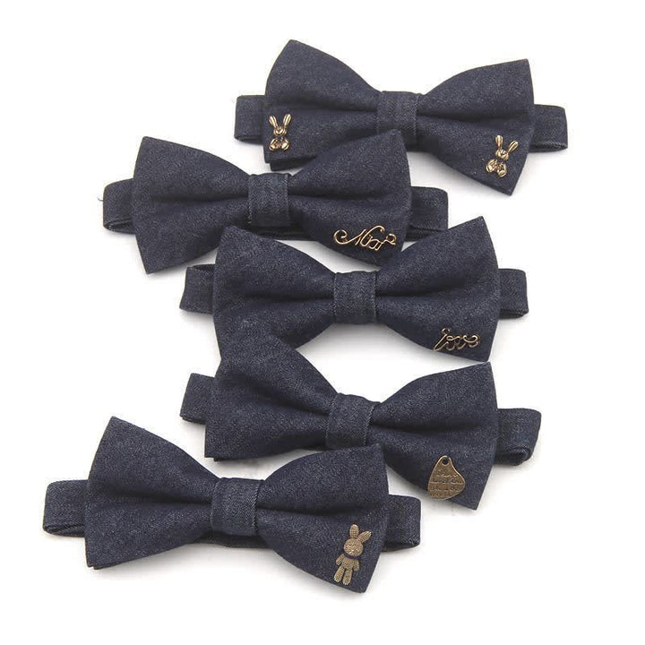 Men's Dark Navy Blue Metallic Decors Denim Cotton Bow Tie