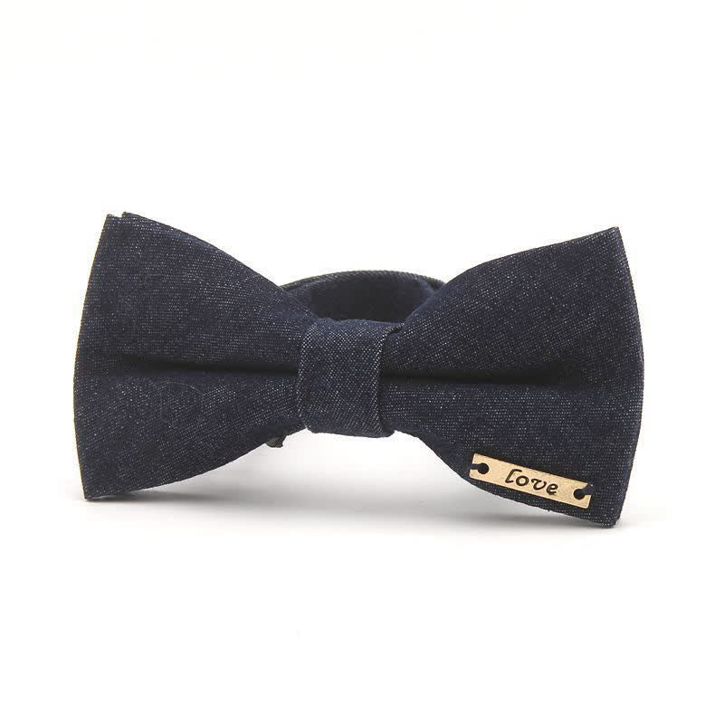 Men's Dark Navy Blue Metallic Decors Denim Cotton Bow Tie