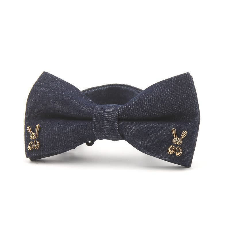 Men's Dark Navy Blue Metallic Decors Denim Cotton Bow Tie