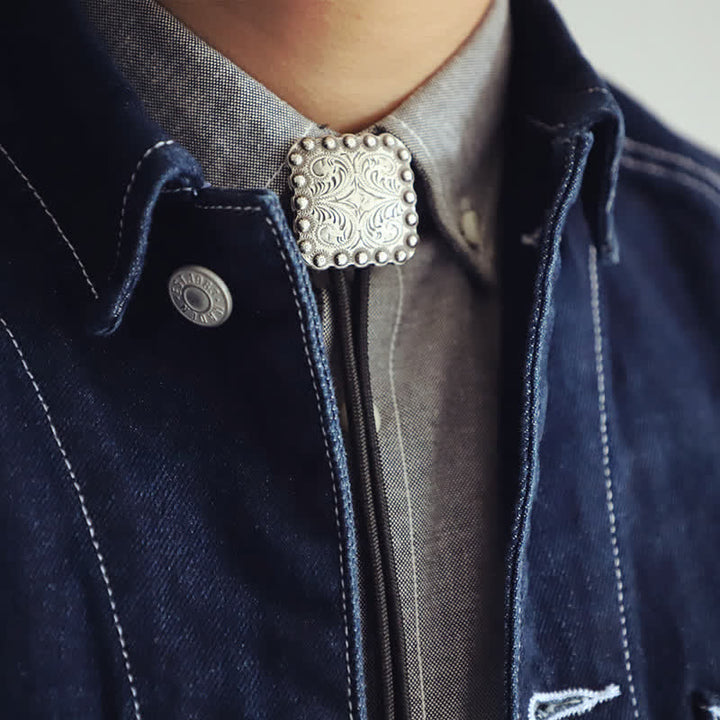 Simple Silver Carving Square Pendant Bolo Tie