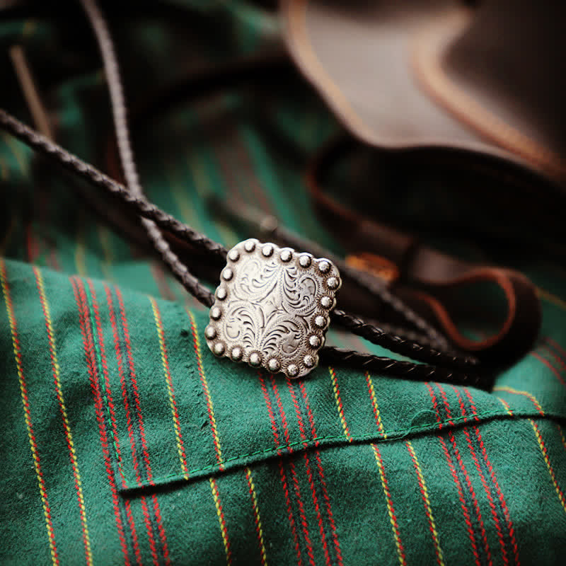 Simple Silver Carving Square Pendant Bolo Tie