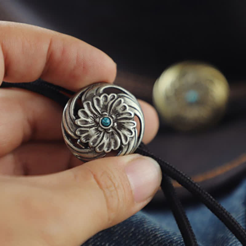 Hollow Chrysanthemum Turquoise Inlaid Bolo Tie