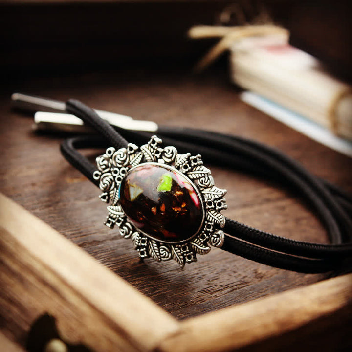 Retro Fancy Stone Rose Pendant Bolo Tie