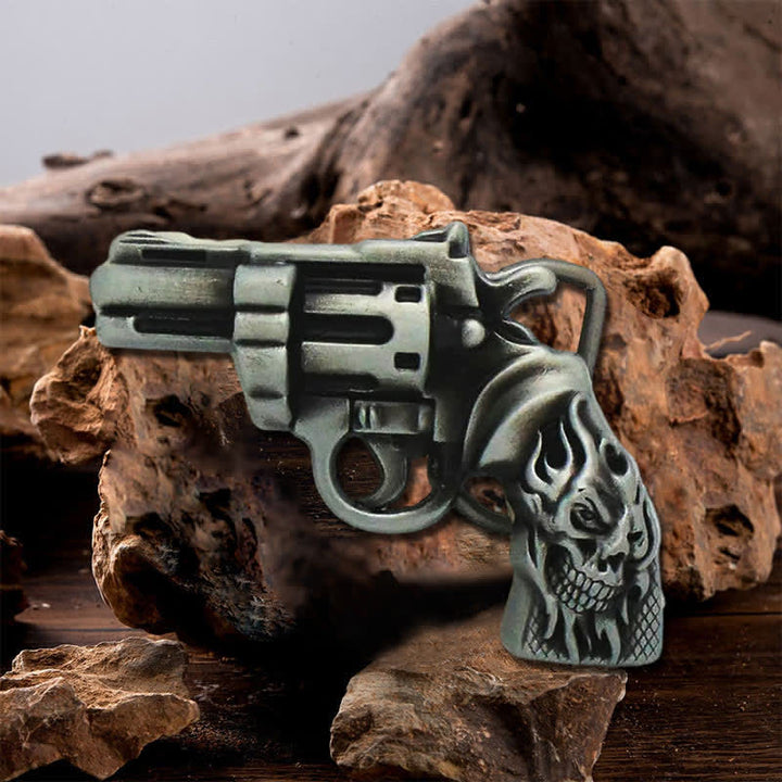 Men's DIY Pistol Gun Flame Skull Buckle Leather Belt