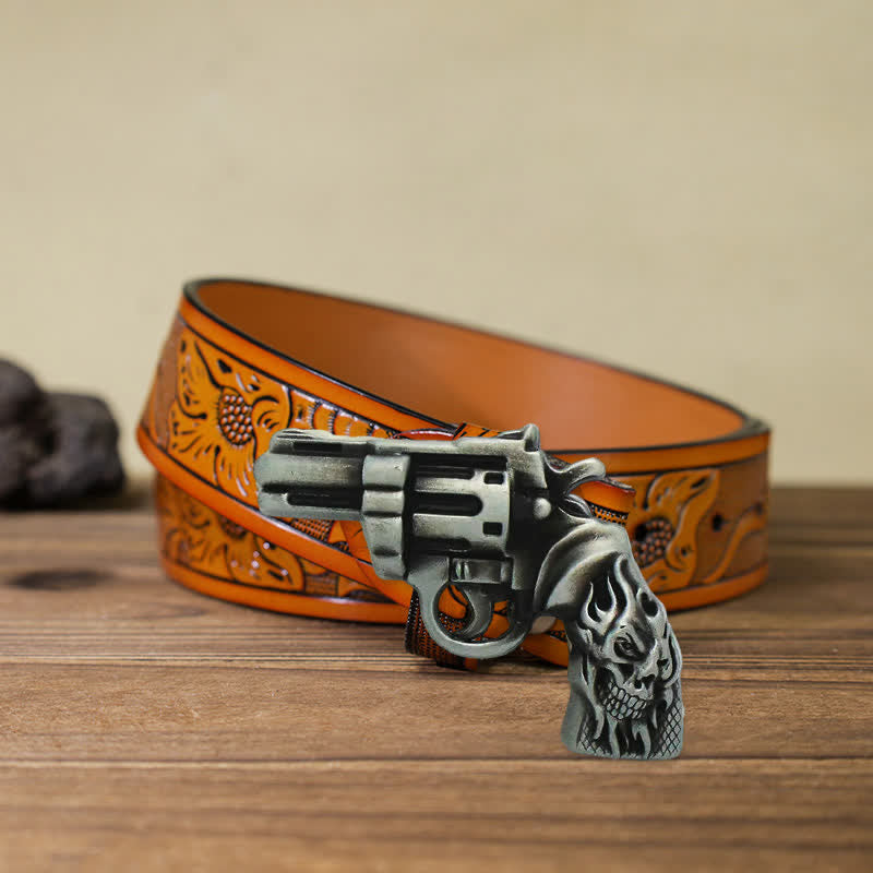 Men's DIY Pistol Gun Flame Skull Buckle Leather Belt