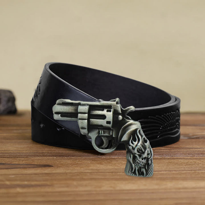 Men's DIY Pistol Gun Flame Skull Buckle Leather Belt