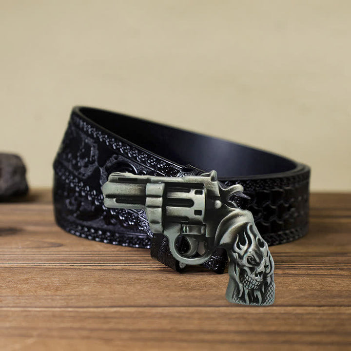 Men's DIY Pistol Gun Flame Skull Buckle Leather Belt