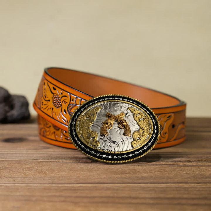 Men's DIY Western Cowboy Golden Oval Buckle Leather Belt