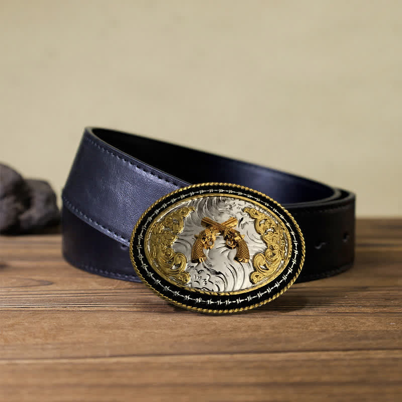 Men's DIY Western Cowboy Golden Oval Buckle Leather Belt