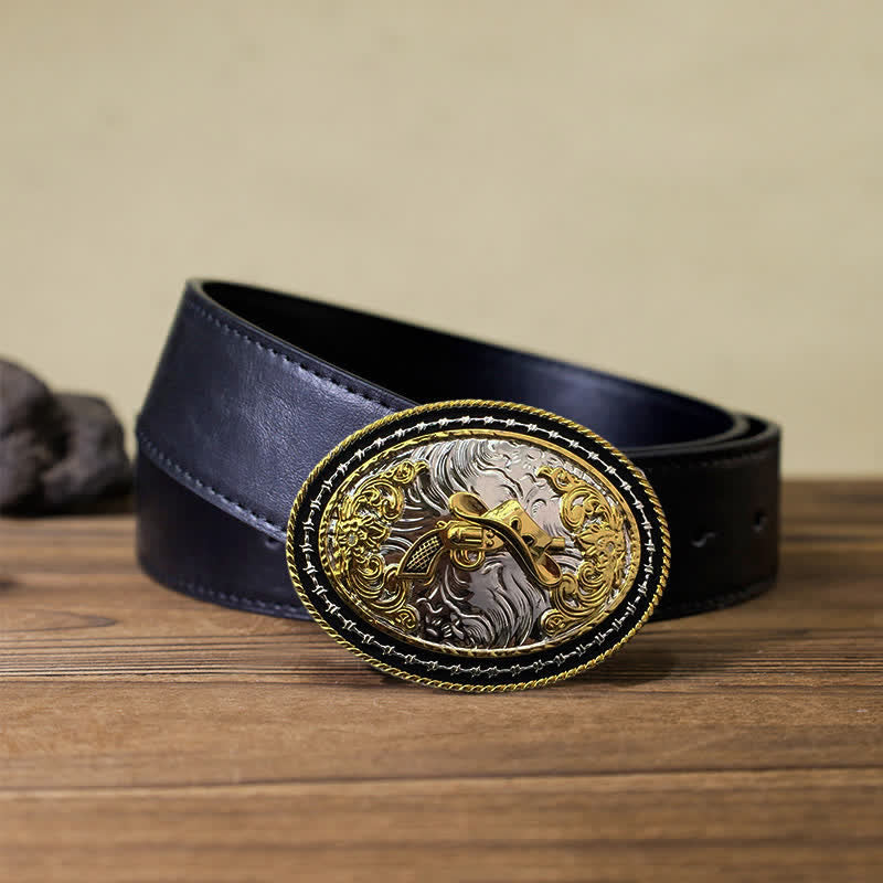 Men's DIY Western Cowboy Golden Oval Buckle Leather Belt