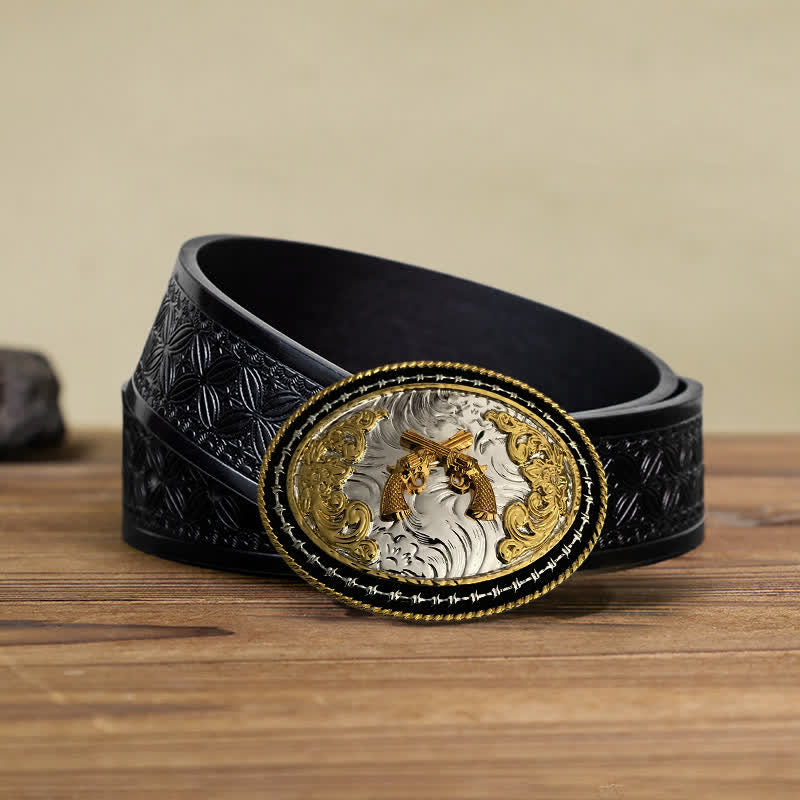 Men's DIY Western Cowboy Golden Oval Buckle Leather Belt