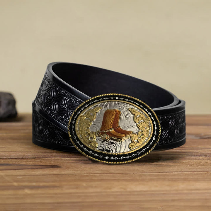 Men's DIY Western Cowboy Golden Oval Buckle Leather Belt