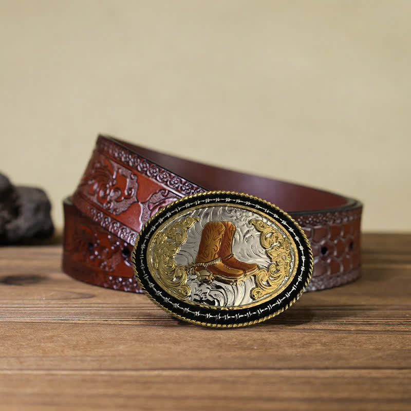 Men's DIY Western Cowboy Golden Oval Buckle Leather Belt