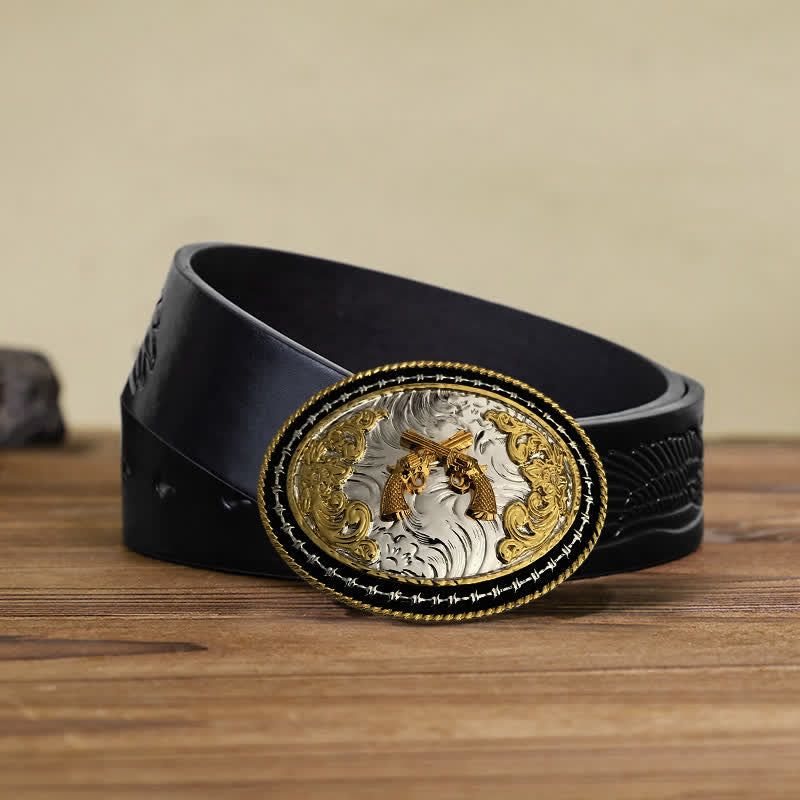 Men's DIY Western Cowboy Golden Oval Buckle Leather Belt