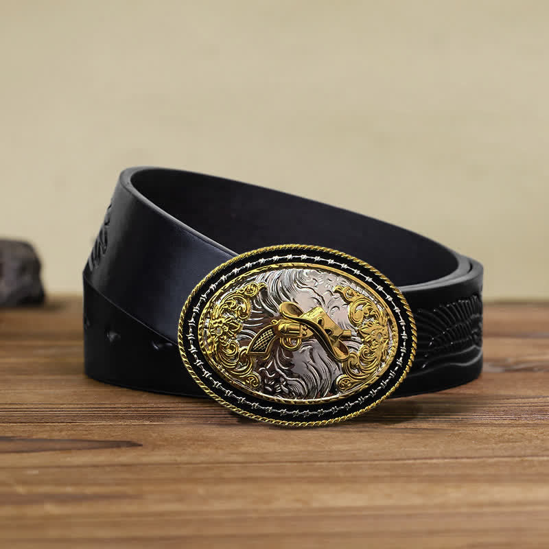 Men's DIY Western Cowboy Golden Oval Buckle Leather Belt