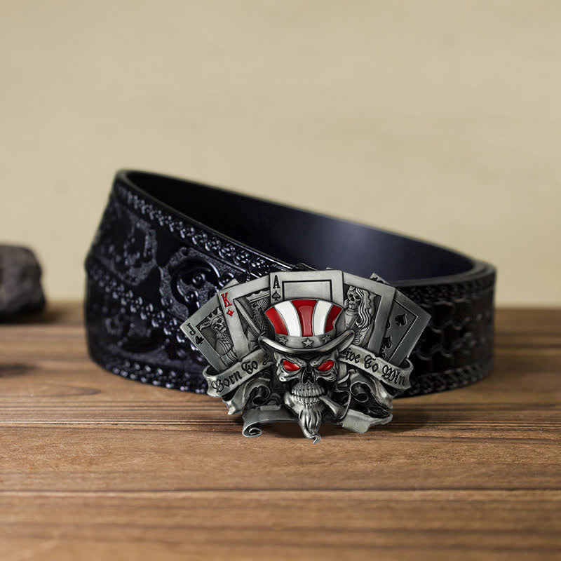 Men's DIY Live To Win Skull Poker Buckle Leather Belt