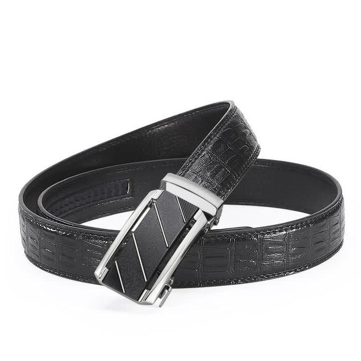 Men's Black & Silver Crocodile Print Automatic Buckle Leather Belt