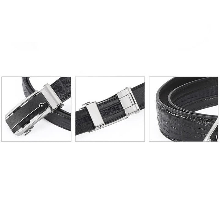 Men's Black & Silver Crocodile Print Automatic Buckle Leather Belt