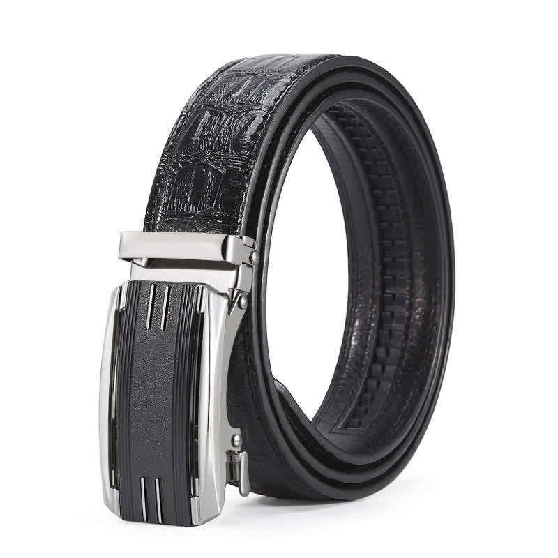 Men's Black & Silver Crocodile Print Automatic Buckle Leather Belt