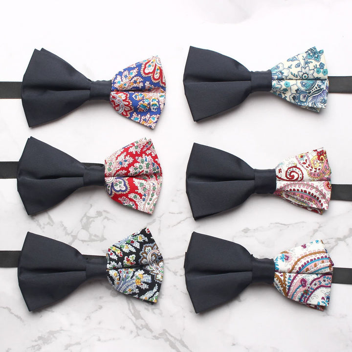 Men's Novel Paisley Printed Splicing Black Bow Tie