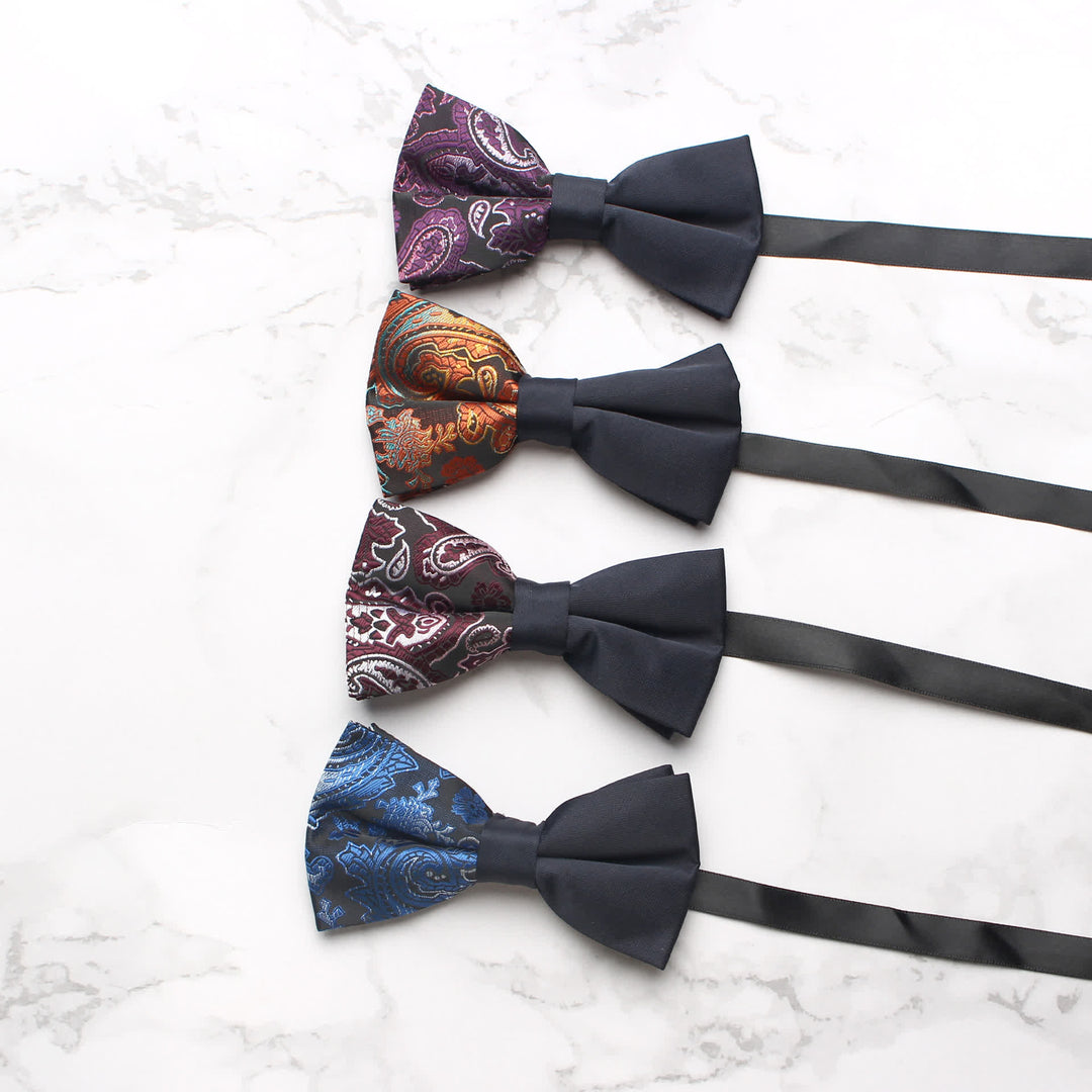 Men's Novel Paisley Printed Splicing Black Bow Tie