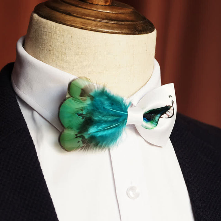 Turquoise & White Peacock Tail Feather Bow Tie