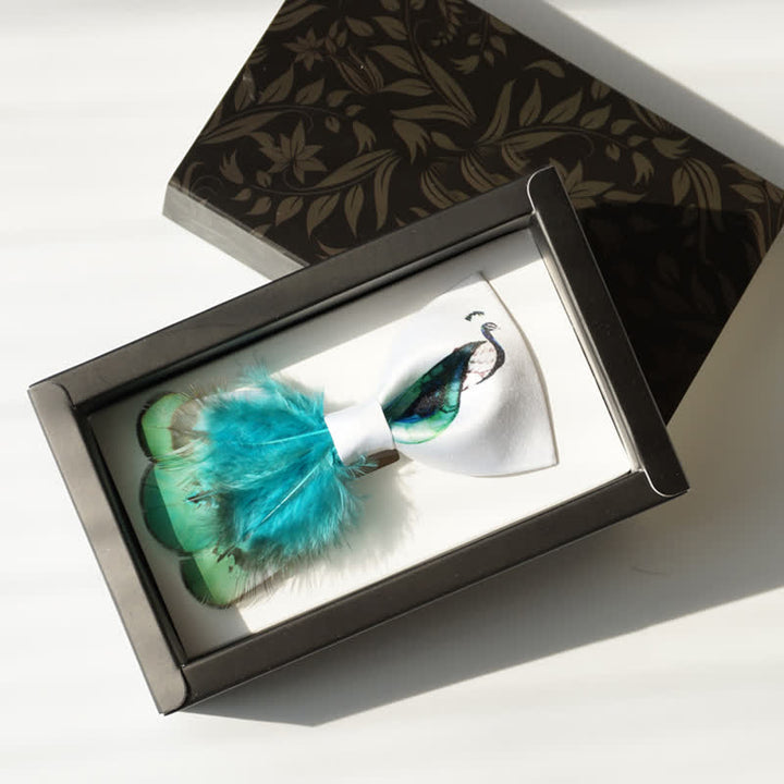 Turquoise & White Peacock Tail Feather Bow Tie