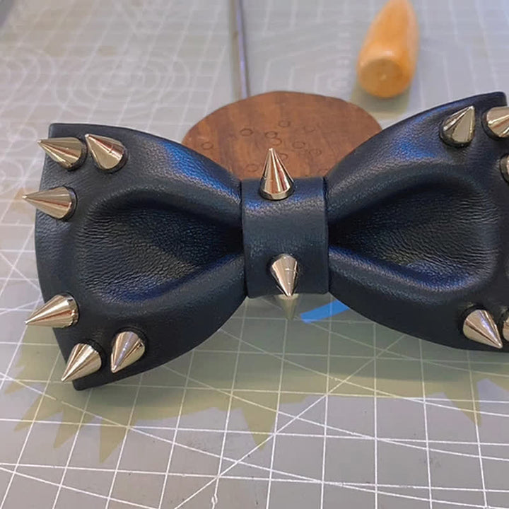 Men's Black Rivet Spiked Leather Bow Tie