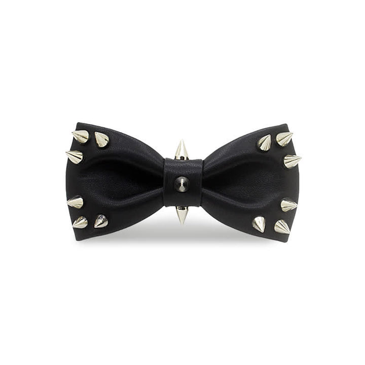 Men's Black Rivet Spiked Leather Bow Tie