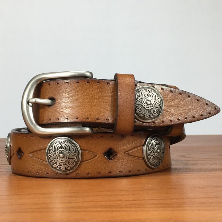 Vintage Round Carving Flower Rivet Leather Belt - Light Brown - 36 - image 0