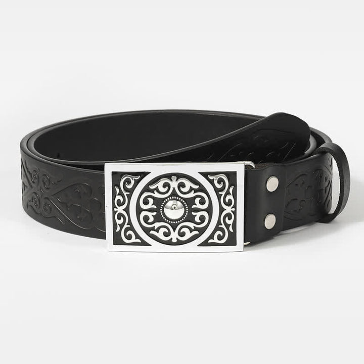 Western Carved Square Buckle Embossed Leather Belt