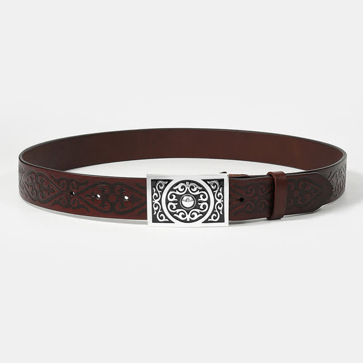 Western Carved Square Buckle Embossed Leather Belt