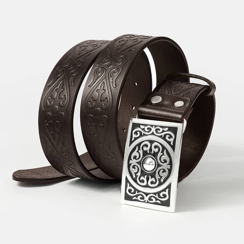 Western Carved Square Buckle Embossed Leather Belt