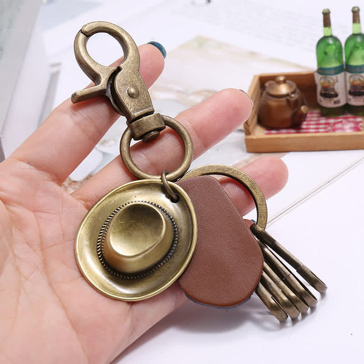Retro Ancient Bronze Cowboy Hat Leather Keychain - image 2