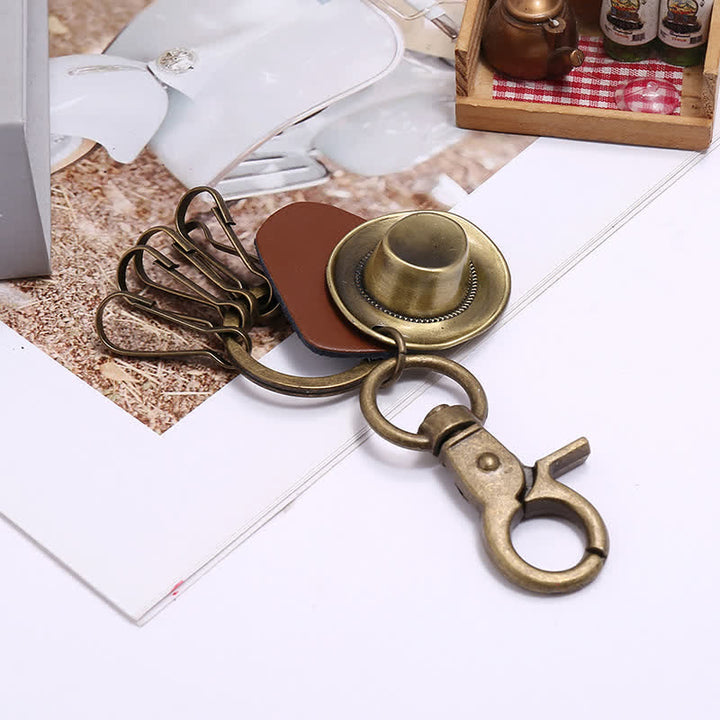 Retro Ancient Bronze Cowboy Hat Leather Keychain - image 4