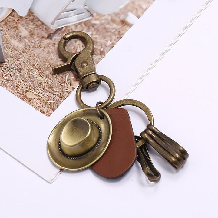 Retro Ancient Bronze Cowboy Hat Leather Keychain - image 3