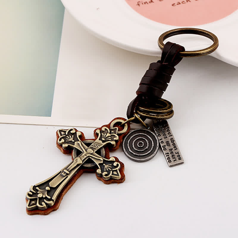 Antique Bronze Cross Pendant Leather Keychain