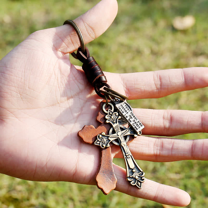 Antique Bronze Cross Pendant Leather Keychain - image 1