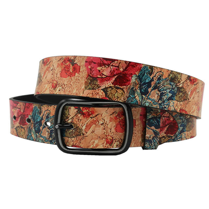 Coral & Red Rose Botanical Printed Leather Belt