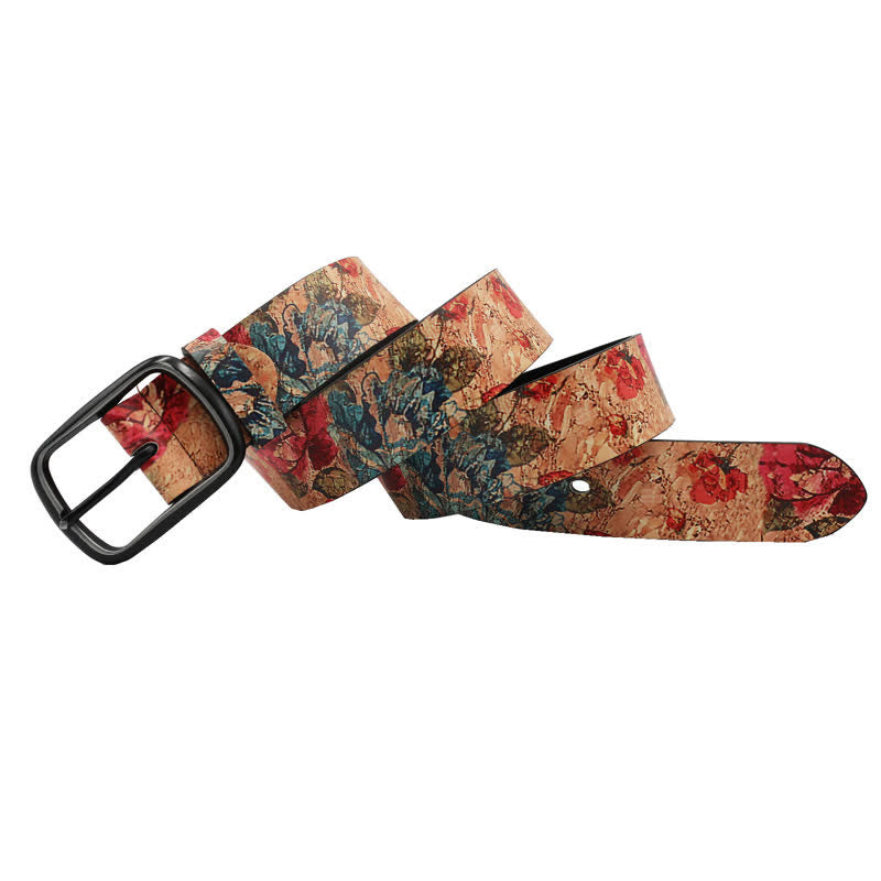 Coral & Red Rose Botanical Printed Leather Belt